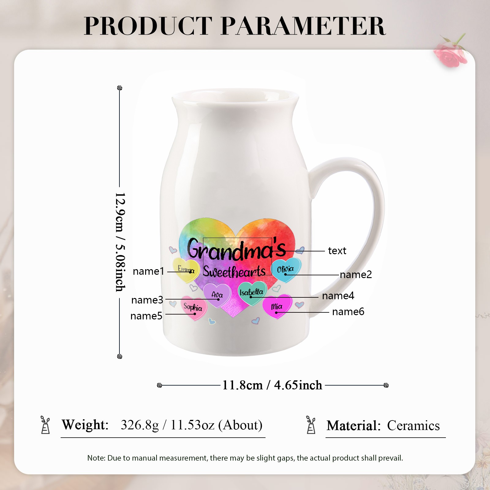 6 Names - Personalized Customizable Name Colorful Love Heart Style Ceramic Vase as a Gift for Grandma