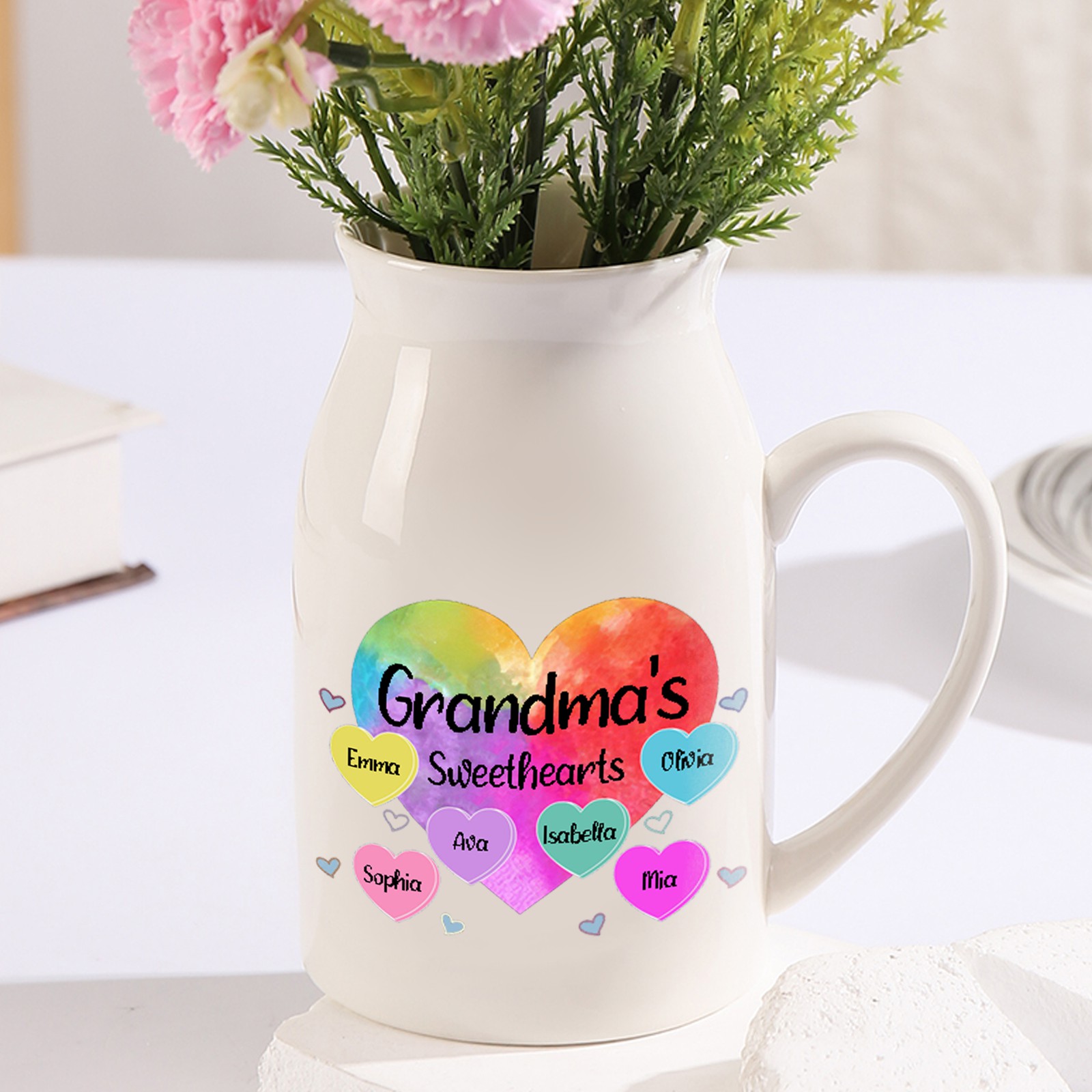 6 Names - Personalized Customizable Name Colorful Love Heart Style Ceramic Vase as a Gift for Grandma