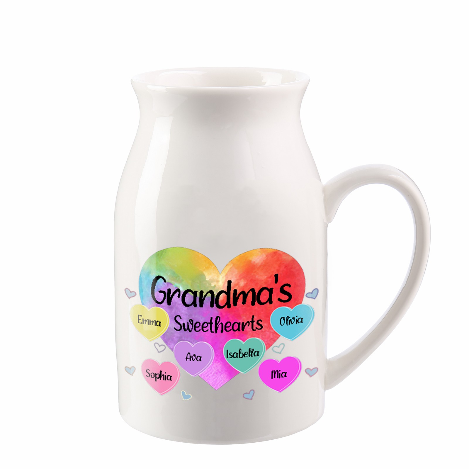 6 Names - Personalized Customizable Name Colorful Love Heart Style Ceramic Vase as a Gift for Grandma