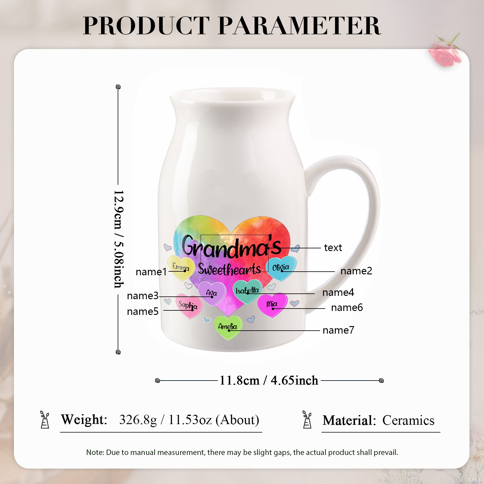 7 Names - Personalized Customizable Name Colorful Love Heart Style Ceramic Vase as a Gift for Grandma