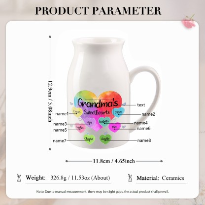 8 Names - Personalized Customizable Name Colorful Love Heart Style Ceramic Vase as a Gift for Grandma