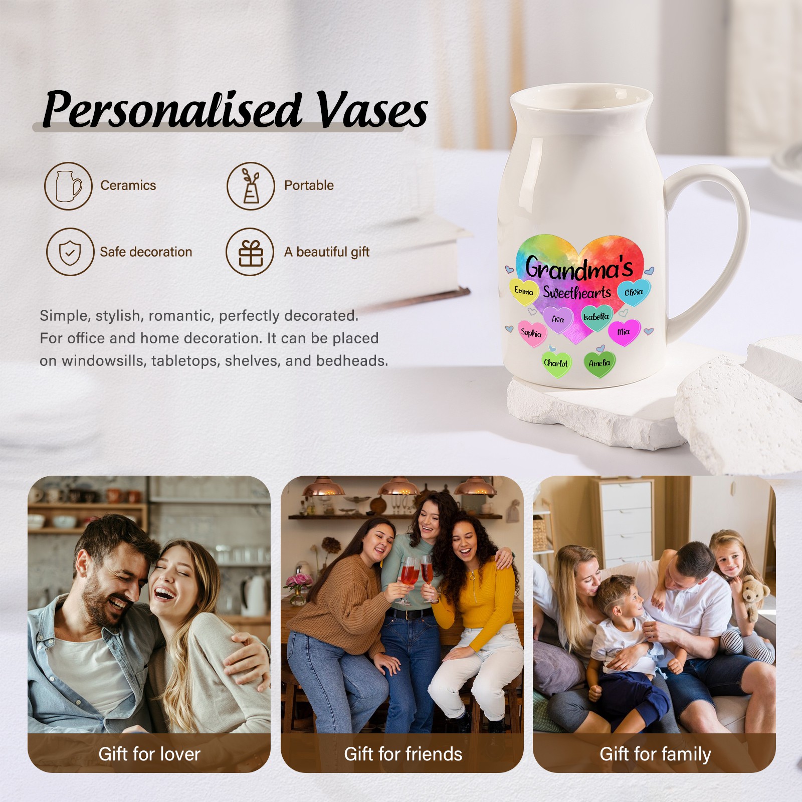8 Names - Personalized Customizable Name Colorful Love Heart Style Ceramic Vase as a Gift for Grandma