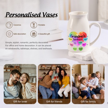 8 Names - Personalized Customizable Name Colorful Love Heart Style Ceramic Vase as a Gift for Grandma