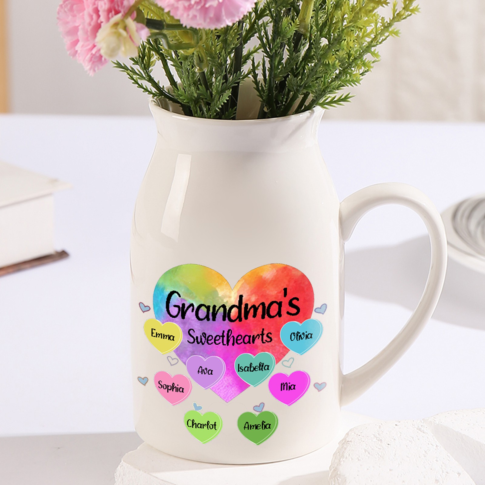 8 Names - Personalized Customizable Name Colorful Love Heart Style Ceramic Vase as a Gift for Grandma