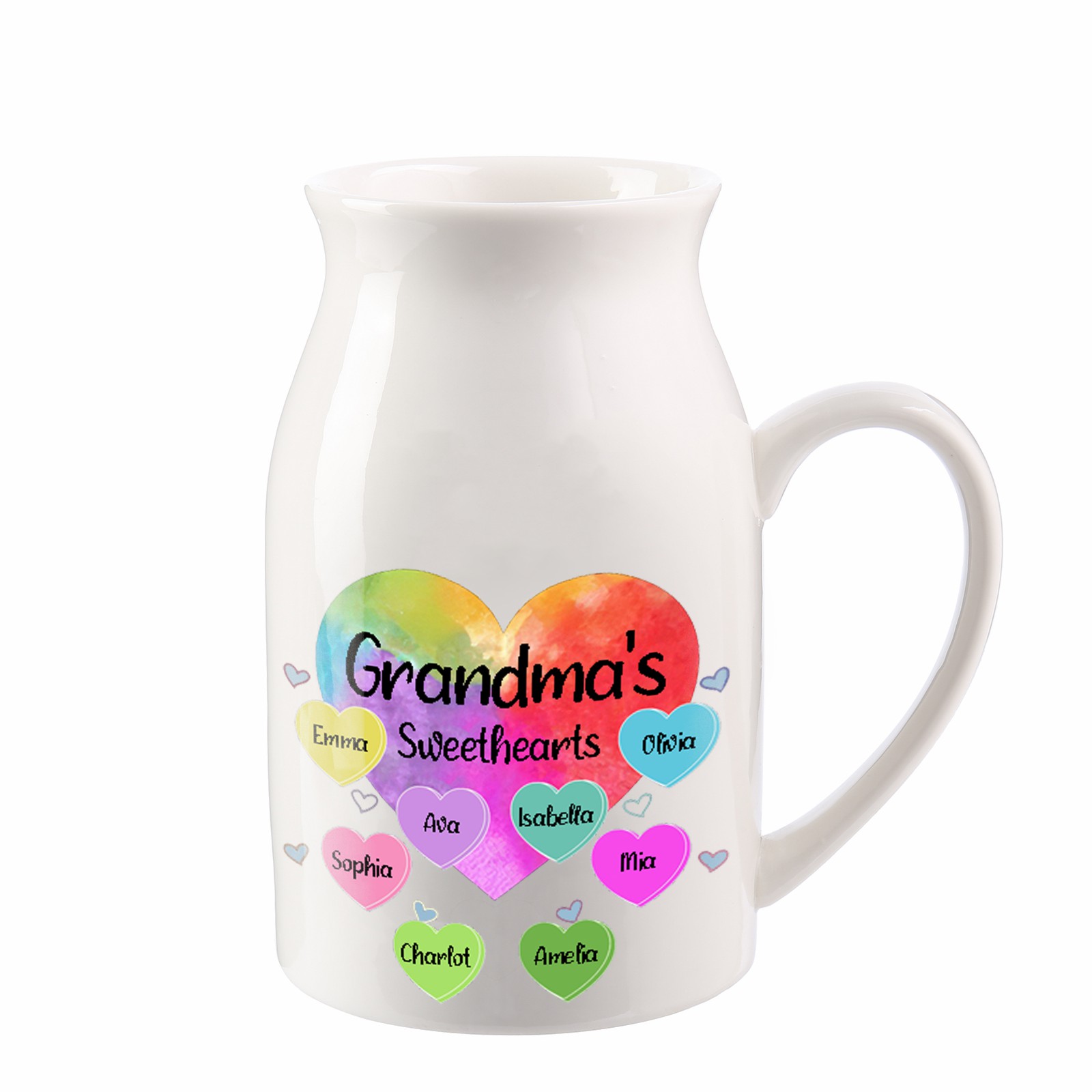 8 Names - Personalized Customizable Name Colorful Love Heart Style Ceramic Vase as a Gift for Grandma