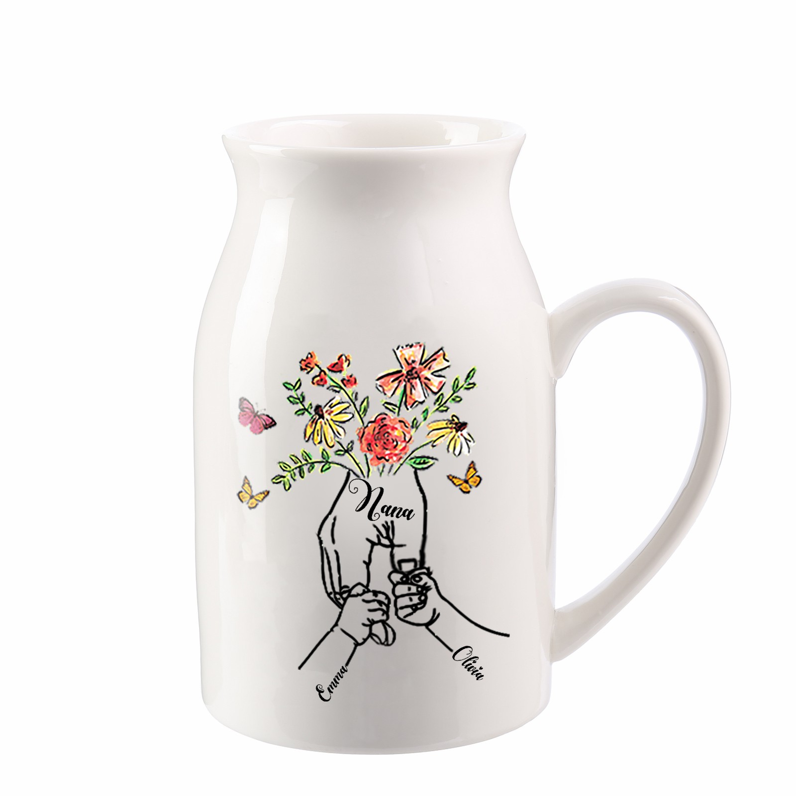 2 Names - Personalized Beautiful Flower Hand Butterfly Style Ceramic Vase with Customizable Names As a Mother's Day Gift For Mom