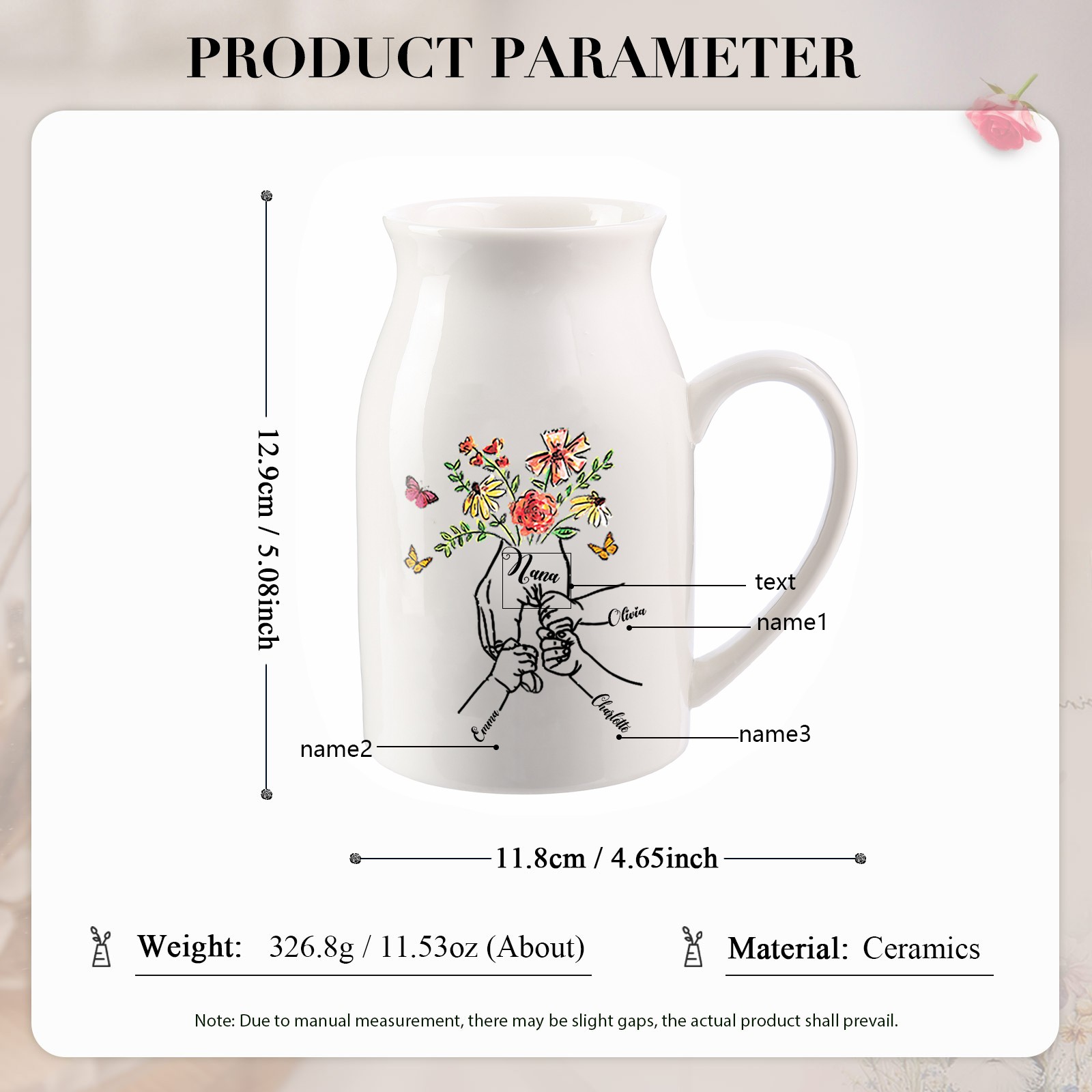 3 Names - Personalized Beautiful Flower Hand Butterfly Style Ceramic Vase with Customizable Names As a Mother's Day Gift For Mom