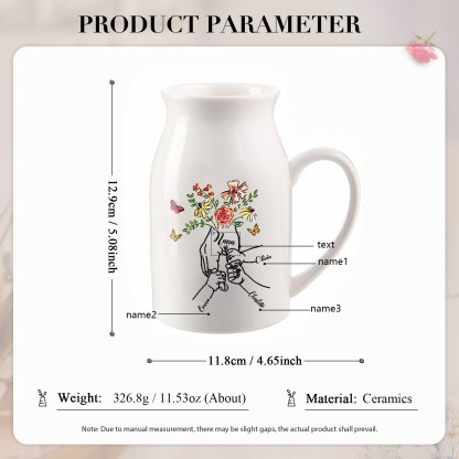 3 Names - Personalized Beautiful Flower Hand Butterfly Style Ceramic Vase with Customizable Names As a Mother's Day Gift For Mom