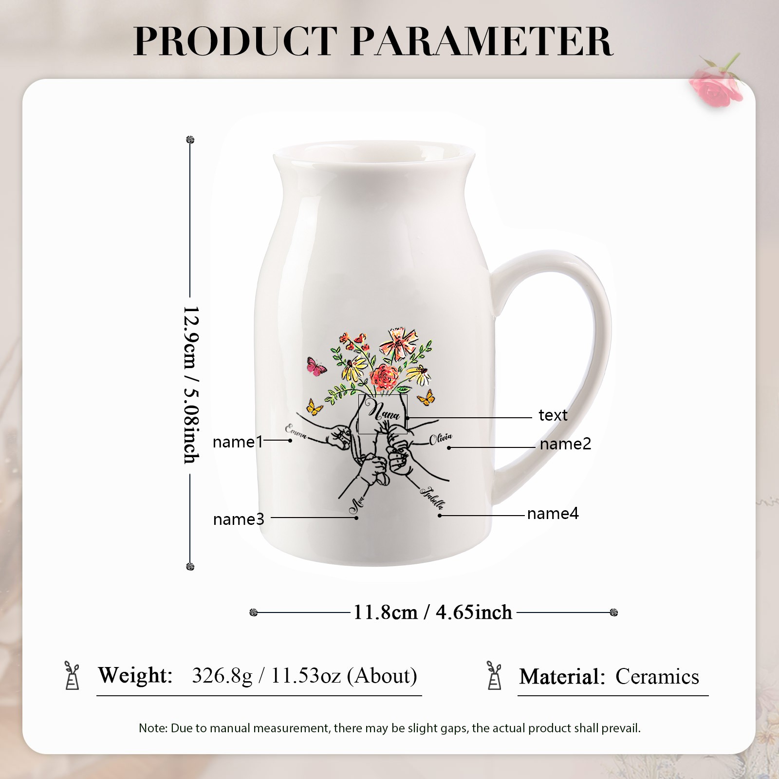 4 Names - Personalized Beautiful Flower Hand Butterfly Style Ceramic Vase with Customizable Names As a Mother's Day Gift For Grandma/Mom