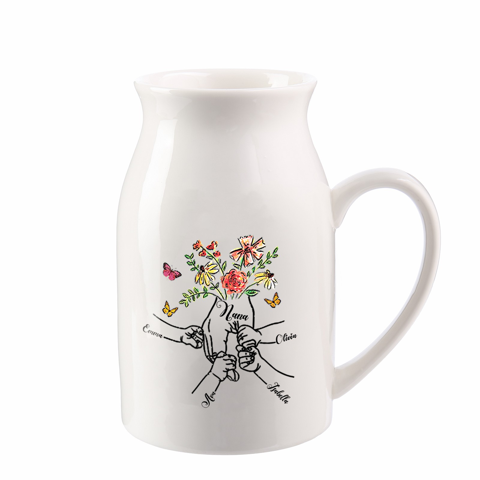 4 Names - Personalized Beautiful Flower Hand Butterfly Style Ceramic Vase with Customizable Names As a Mother's Day Gift For Grandma/Mom