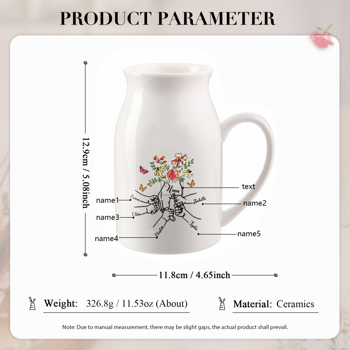 5 Names - Personalized Beautiful Flower Hand Butterfly Style Ceramic Vase with Customizable Names As a Mother's Day Gift For Grandma/Mom