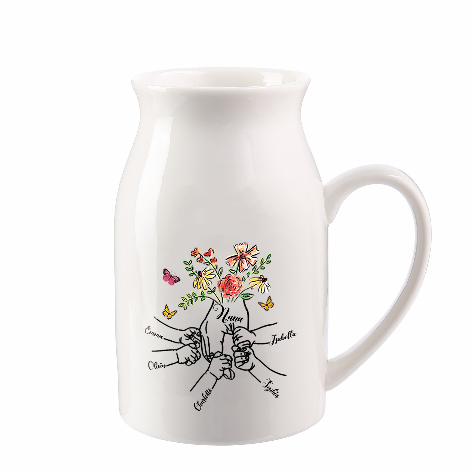 5 Names - Personalized Beautiful Flower Hand Butterfly Style Ceramic Vase with Customizable Names As a Mother's Day Gift For Grandma/Mom