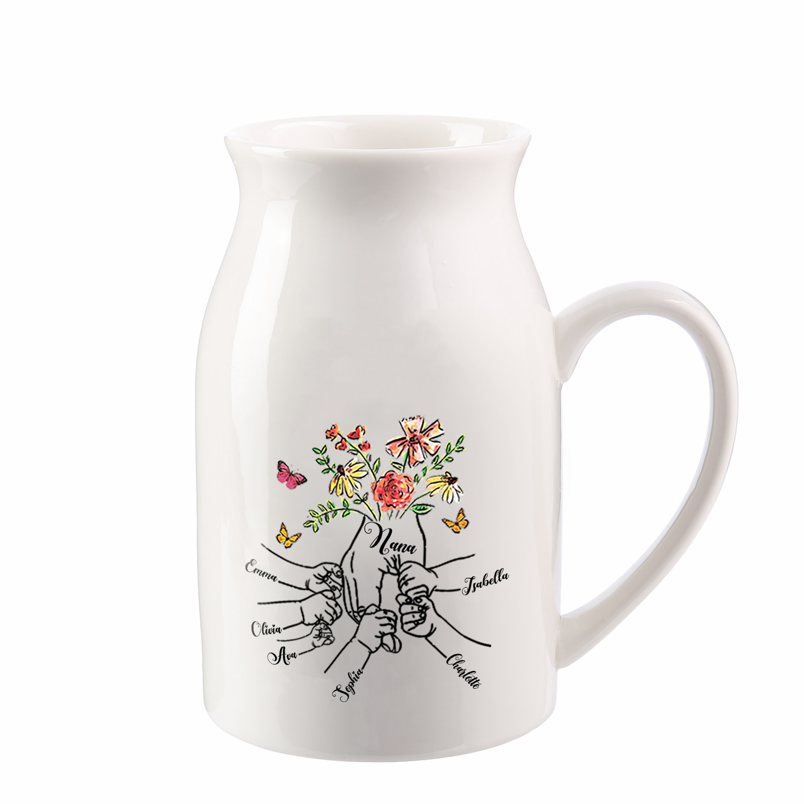 6 Names - Personalized Beautiful Flower Hand Butterfly Style Ceramic Vase with Customizable Names As a Mother's Day Gift For Grandma/Mom