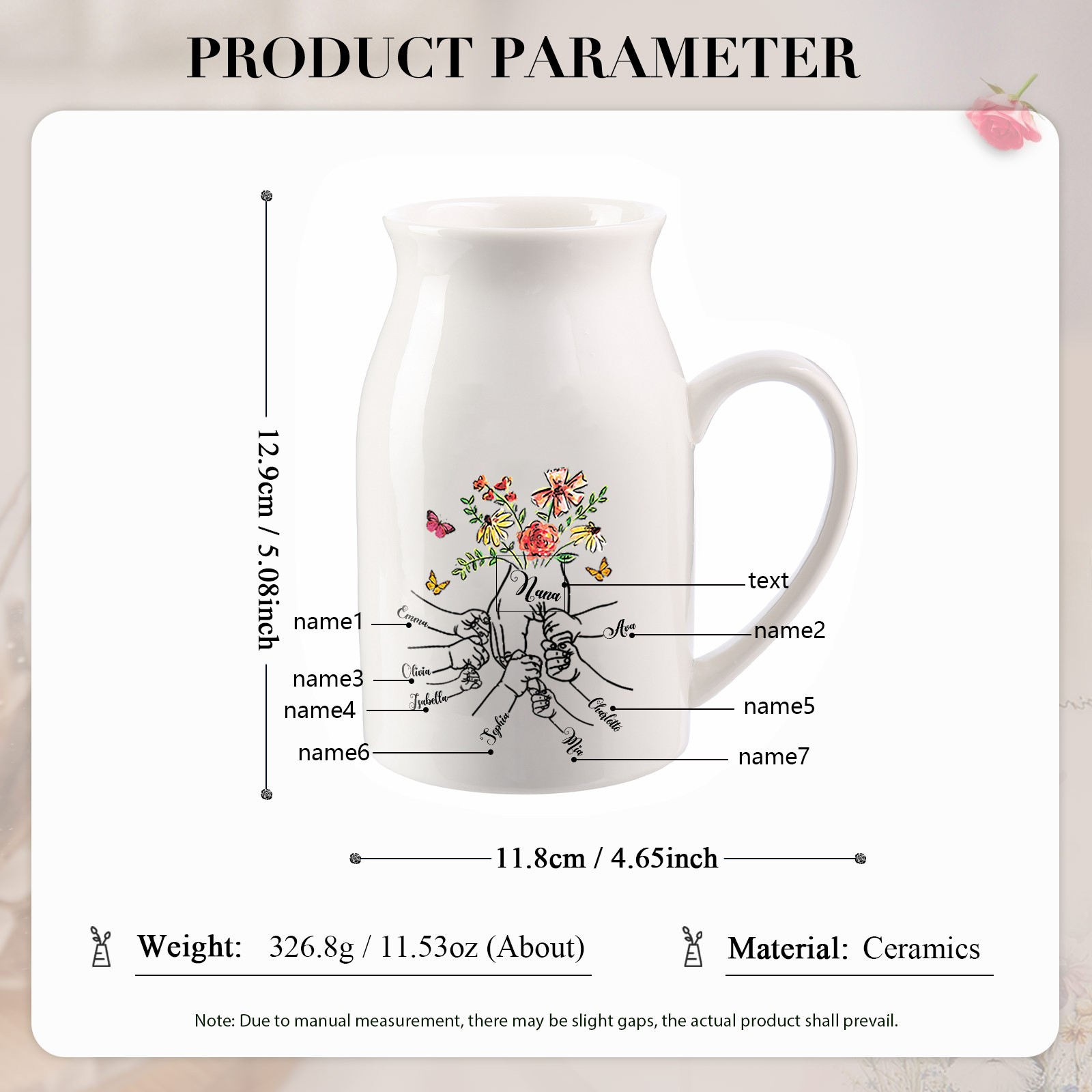 7 Names - Personalized Beautiful Flower Hand Butterfly Style Ceramic Vase with Customizable Names As a Mother's Day Gift For Grandma/Mom