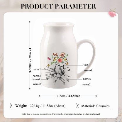 7 Names - Personalized Beautiful Flower Hand Butterfly Style Ceramic Vase with Customizable Names As a Mother's Day Gift For Grandma/Mom