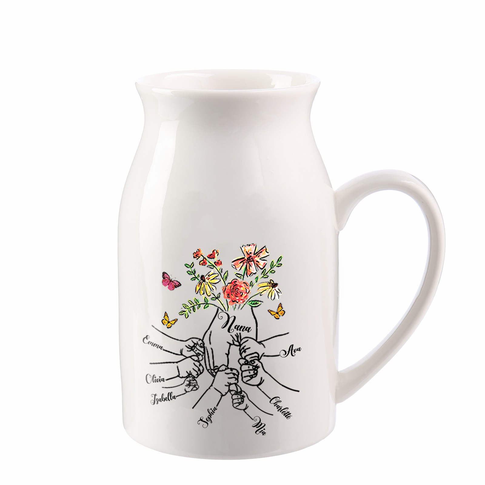 7 Names - Personalized Beautiful Flower Hand Butterfly Style Ceramic Vase with Customizable Names As a Mother's Day Gift For Grandma/Mom