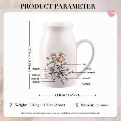 8 Names - Personalized Beautiful Flower Hand Butterfly Style Ceramic Vase with Customizable Names As a Mother's Day Gift For Grandma/Mom