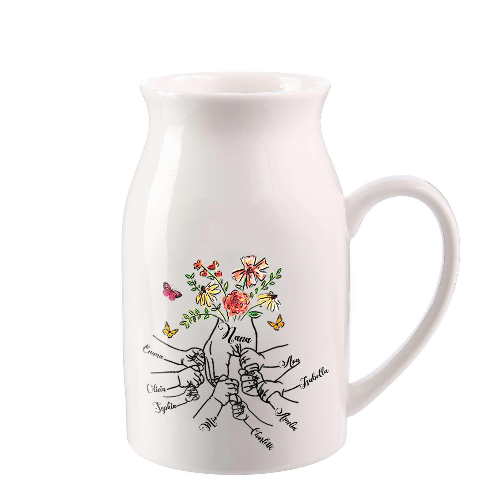 8 Names - Personalized Beautiful Flower Hand Butterfly Style Ceramic Vase with Customizable Names As a Mother's Day Gift For Grandma/Mom