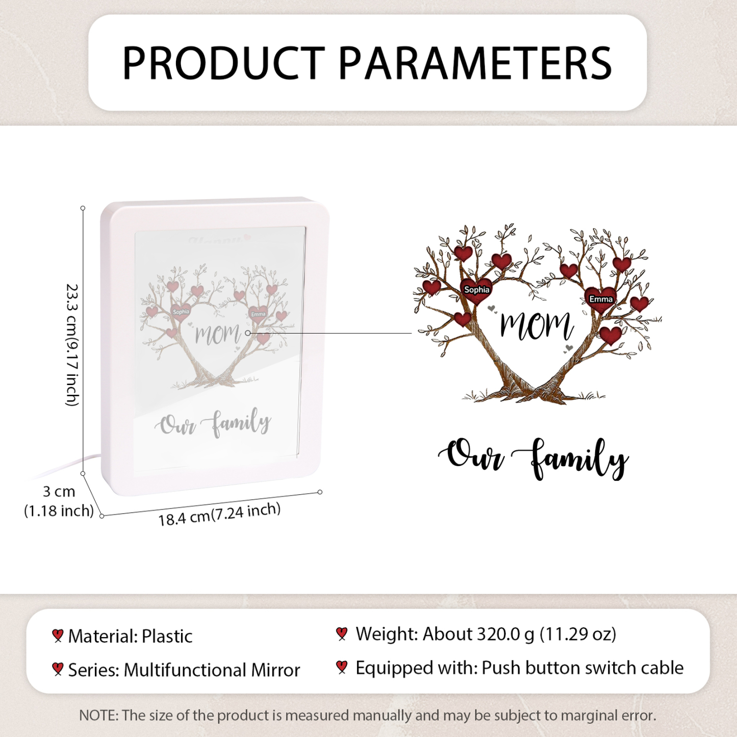 2 Names - Personalized Home Mirror Photo Frame Night Light Insert/Rechargeable Custom Text LED Night Light Gift for Mom