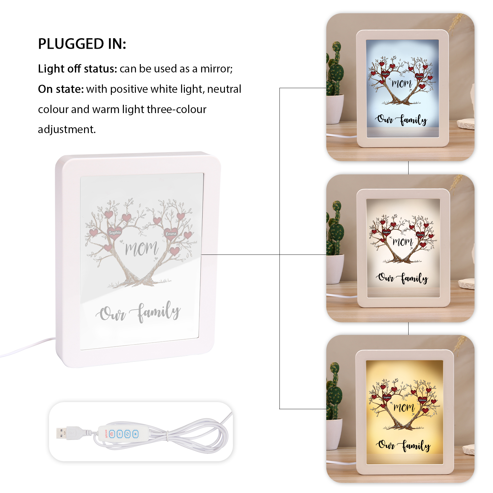 2 Names - Personalized Home Mirror Photo Frame Night Light Insert/Rechargeable Custom Text LED Night Light Gift for Mom