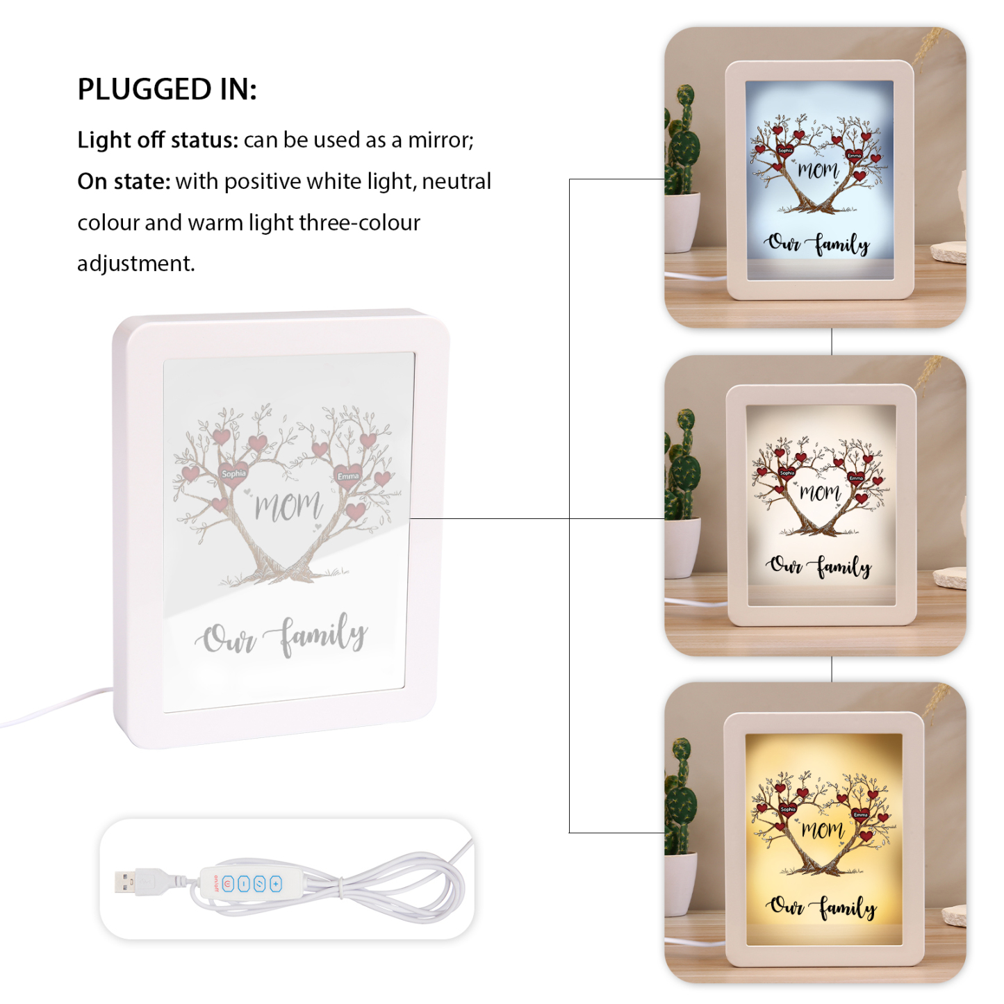 2 Names - Personalized Home Mirror Photo Frame Night Light Insert/Rechargeable Custom Text LED Night Light Gift for Mom