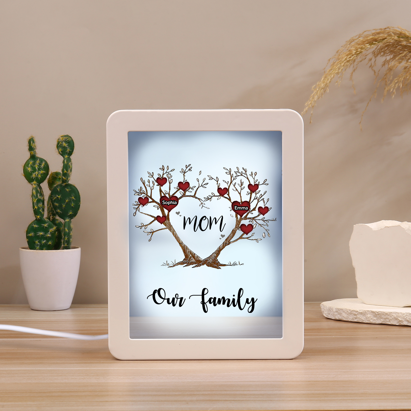 2 Names - Personalized Home Mirror Photo Frame Night Light Insert/Rechargeable Custom Text LED Night Light Gift for Mom