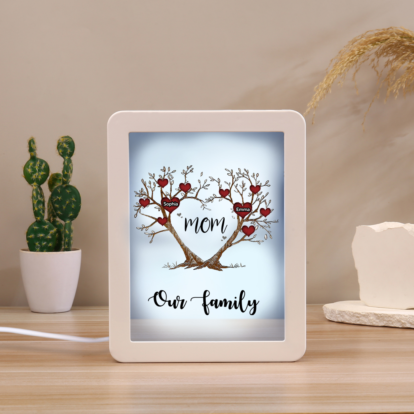 2 Names - Personalized Home Mirror Photo Frame Night Light Insert/Rechargeable Custom Text LED Night Light Gift for Mom