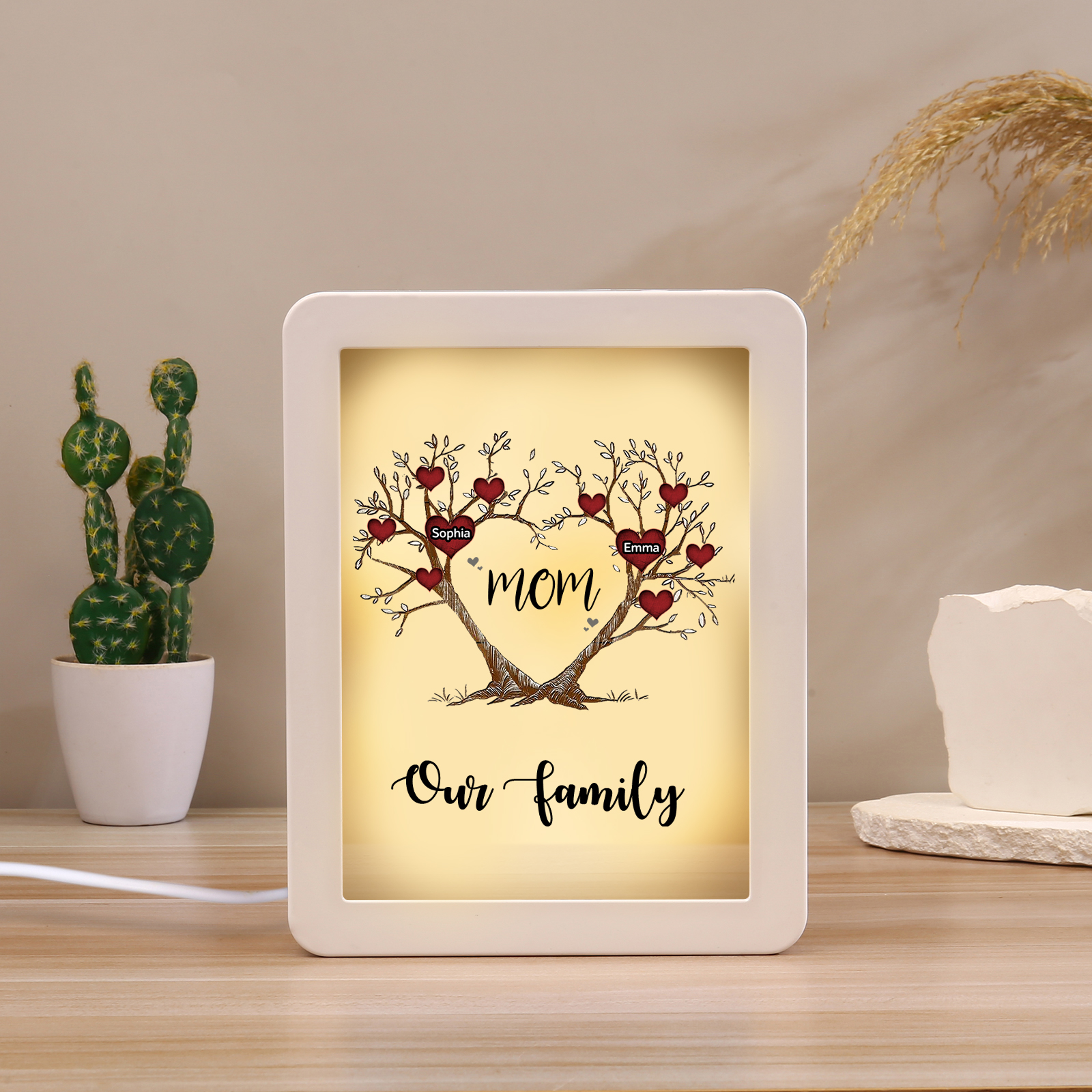 2 Names - Personalized Home Mirror Photo Frame Night Light Insert/Rechargeable Custom Text LED Night Light Gift for Mom