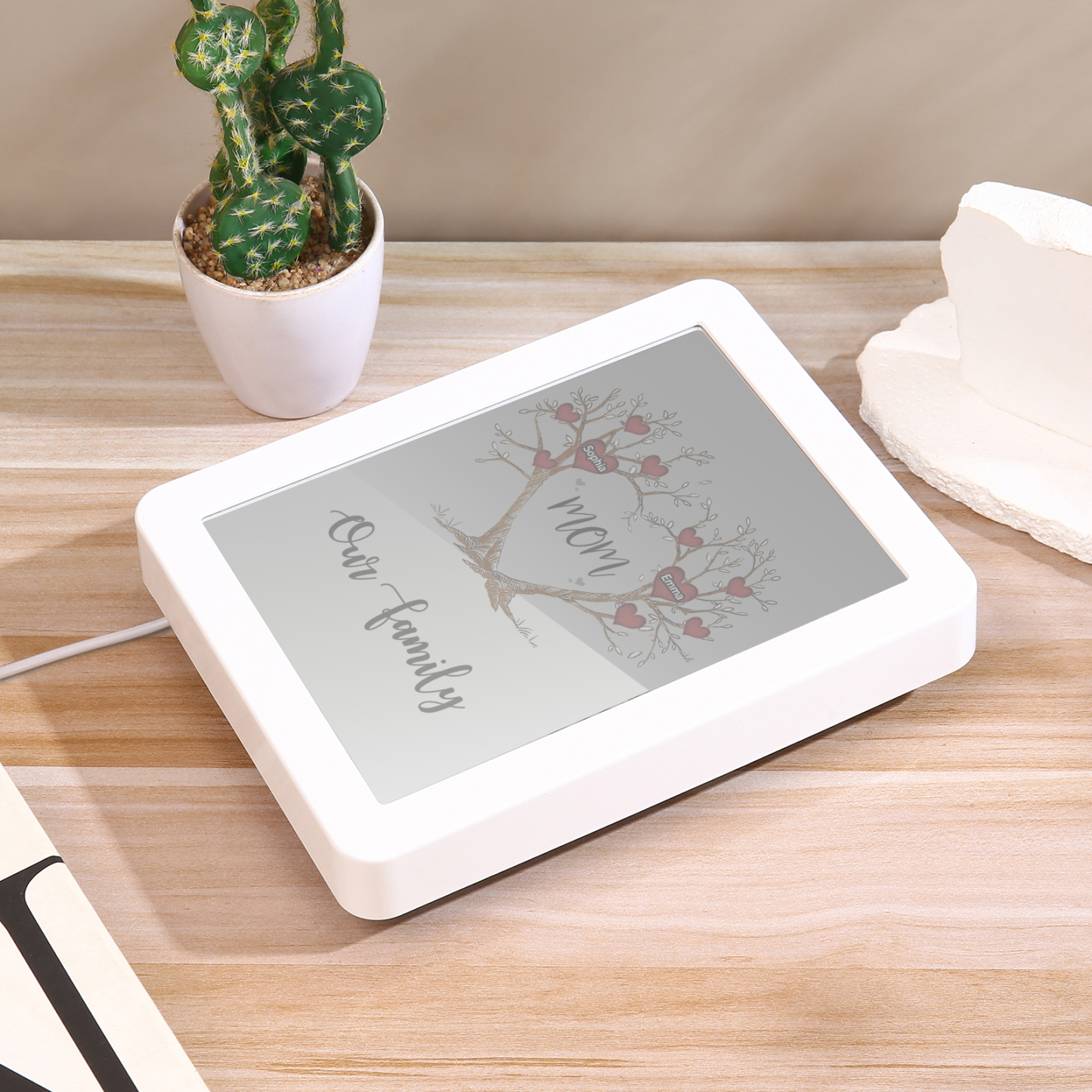 2 Names - Personalized Home Mirror Photo Frame Night Light Insert/Rechargeable Custom Text LED Night Light Gift for Mom