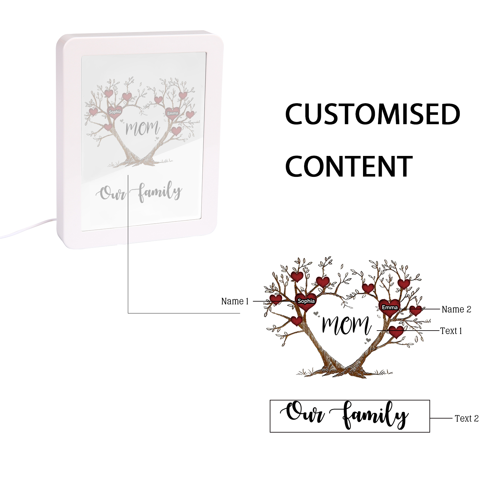 2 Names - Personalized Home Mirror Photo Frame Night Light Insert/Rechargeable Custom Text LED Night Light Gift for Mom