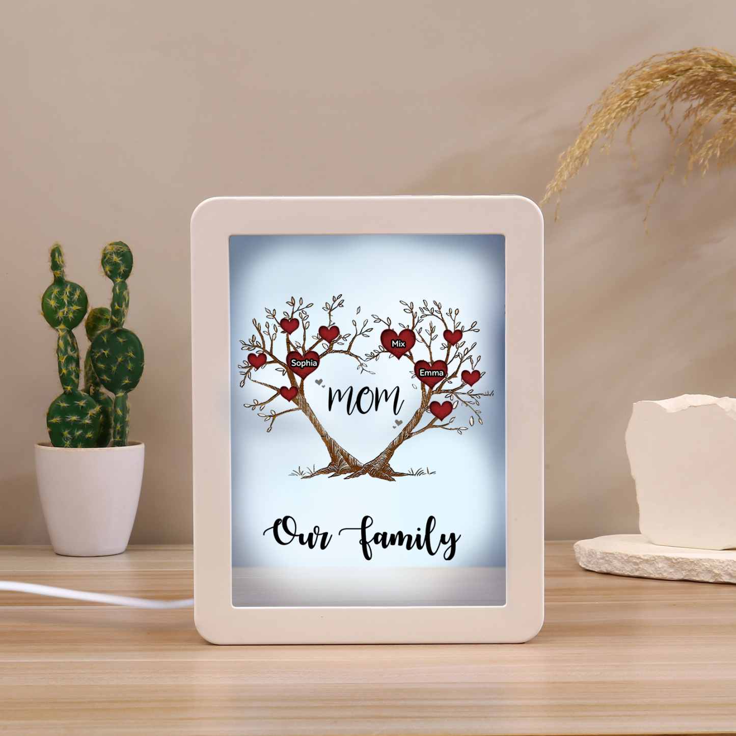 3 Names - Personalized Home Mirror Photo Frame Night Light Insert/Rechargeable Custom Text LED Night Light Gift for Mom