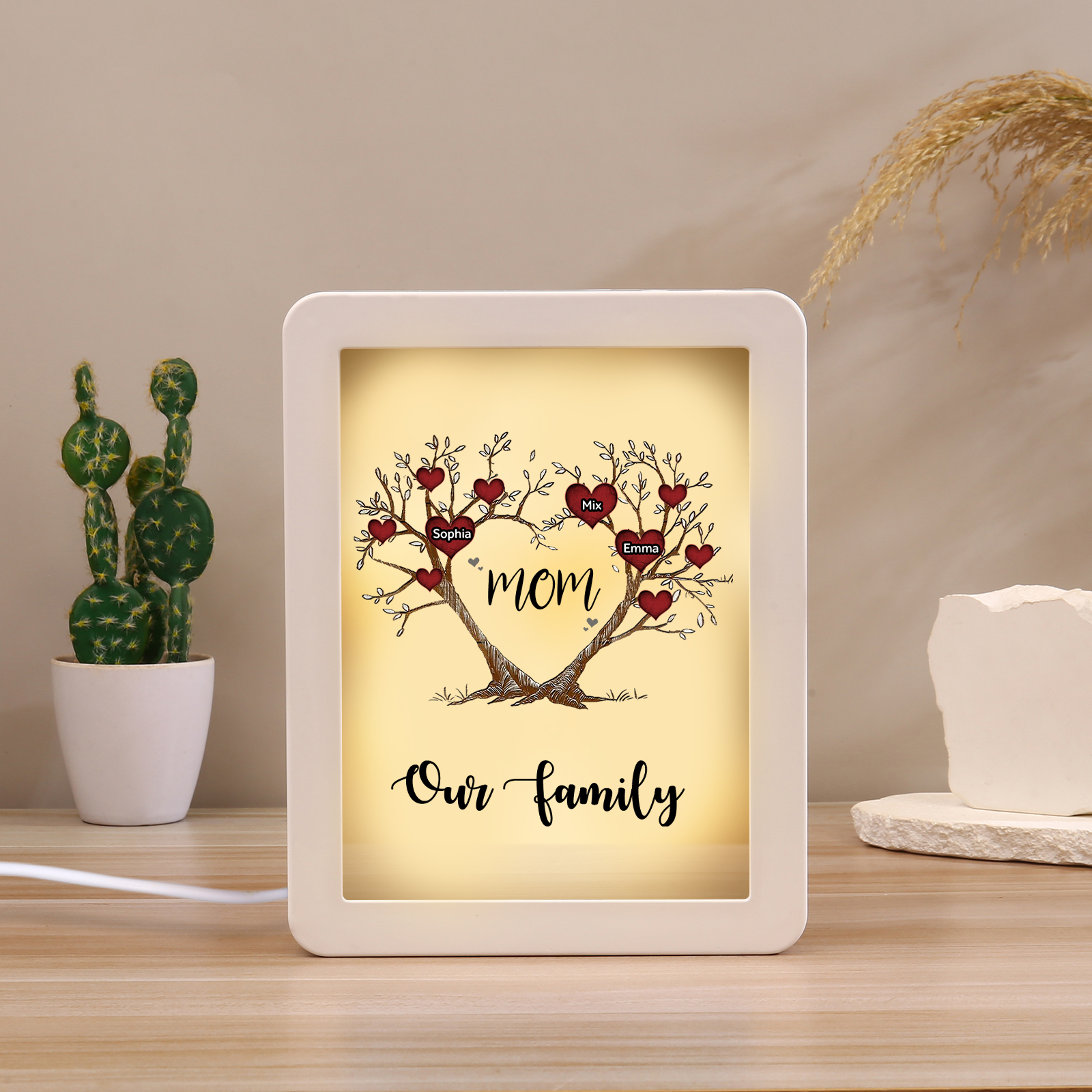 3 Names - Personalized Home Mirror Photo Frame Night Light Insert/Rechargeable Custom Text LED Night Light Gift for Mom