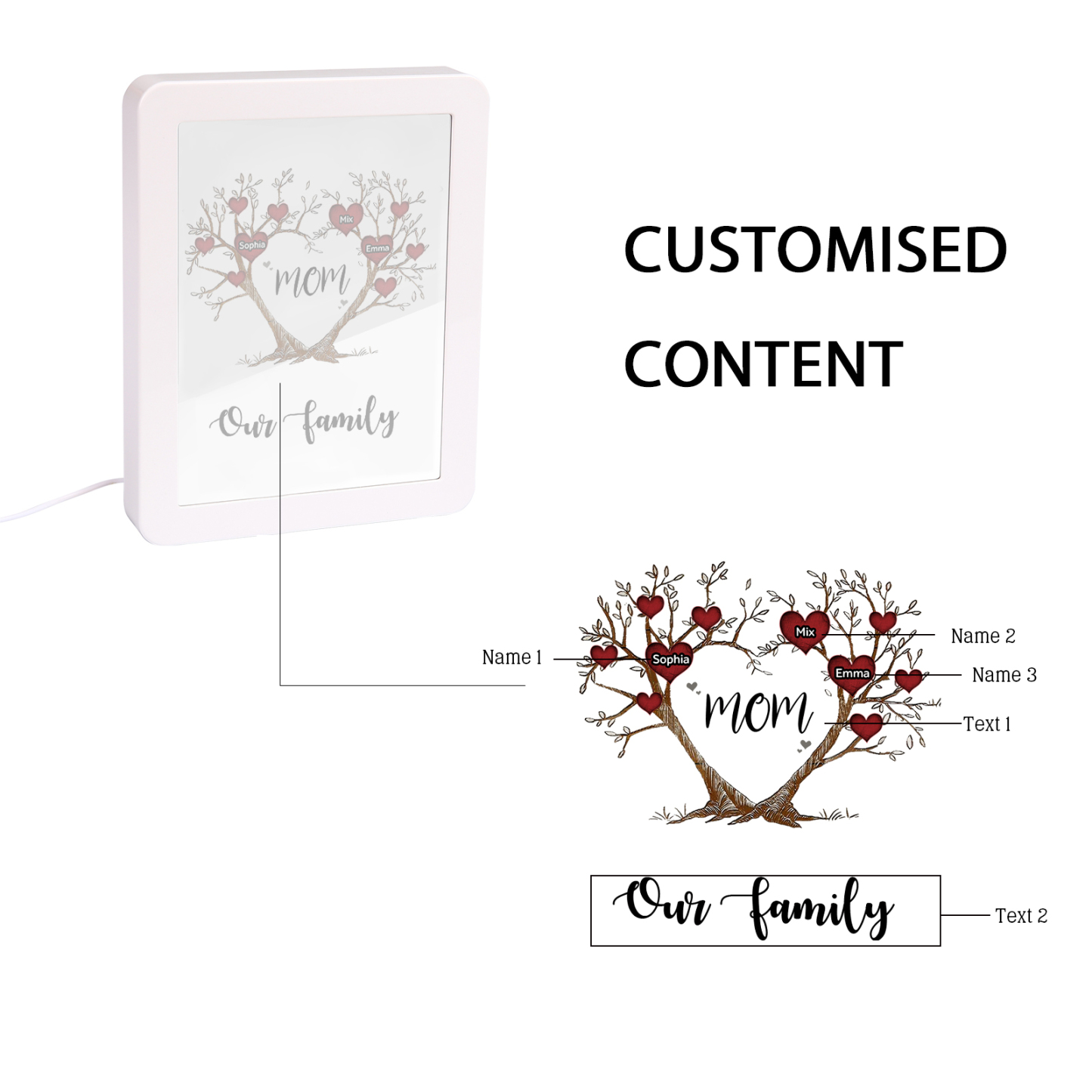 3 Names - Personalized Home Mirror Photo Frame Night Light Insert/Rechargeable Custom Text LED Night Light Gift for Mom