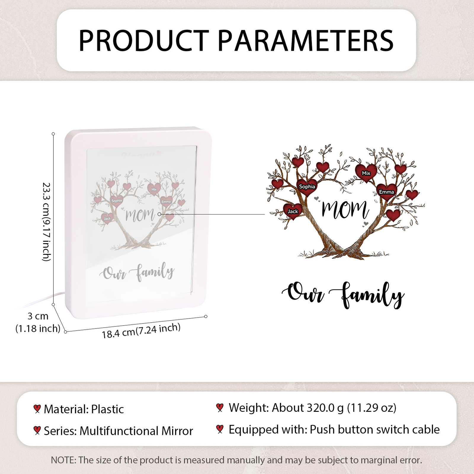 4 Names - Personalized Home Mirror Photo Frame Night Light Insert/Rechargeable Custom Text LED Night Light Gift for Mom