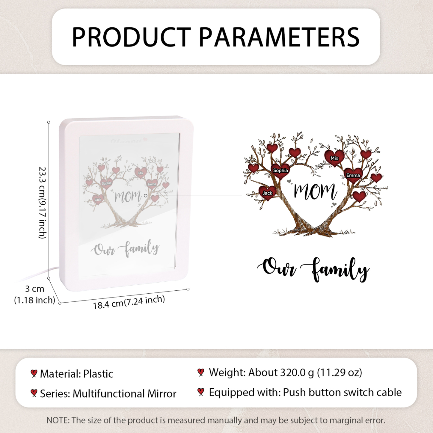 4 Names - Personalized Home Mirror Photo Frame Night Light Insert/Rechargeable Custom Text LED Night Light Gift for Mom