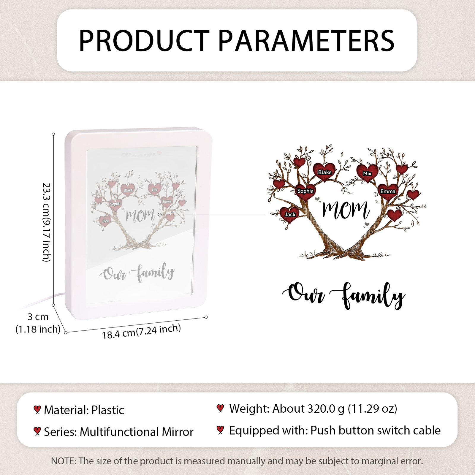 5 Names - Personalized Home Mirror Photo Frame Night Light Insert/Rechargeable Custom Text LED Night Light Gift for Mom