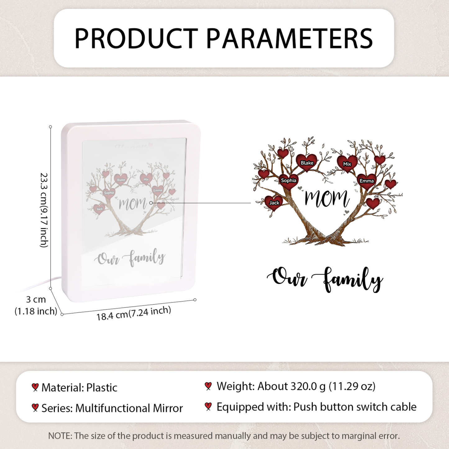 5 Names - Personalized Home Mirror Photo Frame Night Light Insert/Rechargeable Custom Text LED Night Light Gift for Mom