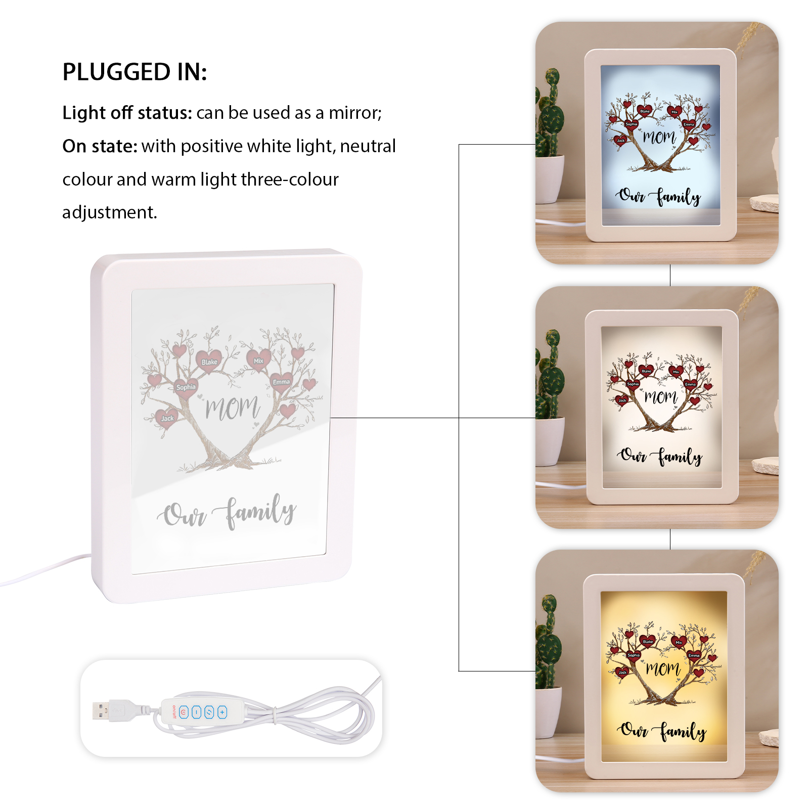 5 Names - Personalized Home Mirror Photo Frame Night Light Insert/Rechargeable Custom Text LED Night Light Gift for Mom