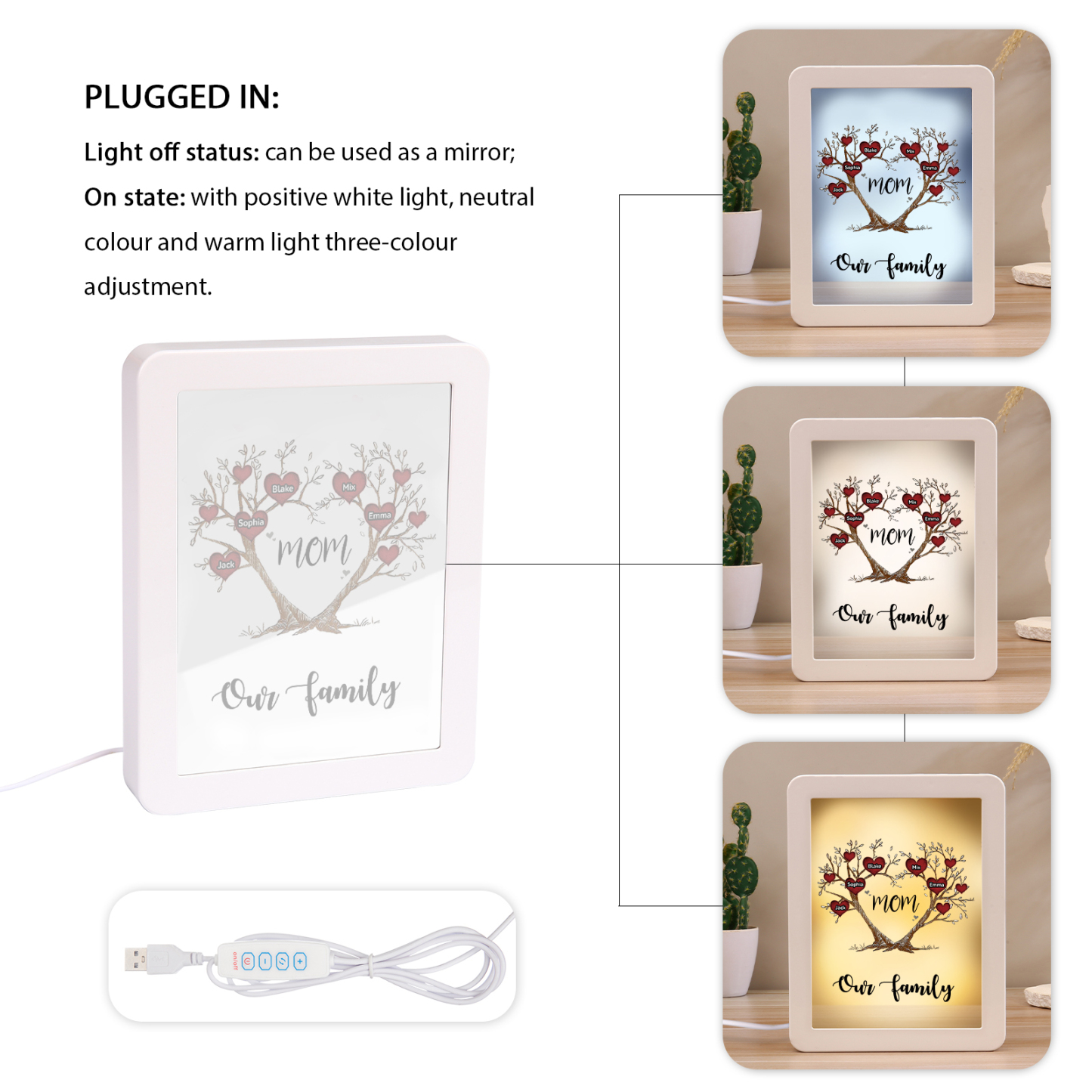 5 Names - Personalized Home Mirror Photo Frame Night Light Insert/Rechargeable Custom Text LED Night Light Gift for Mom