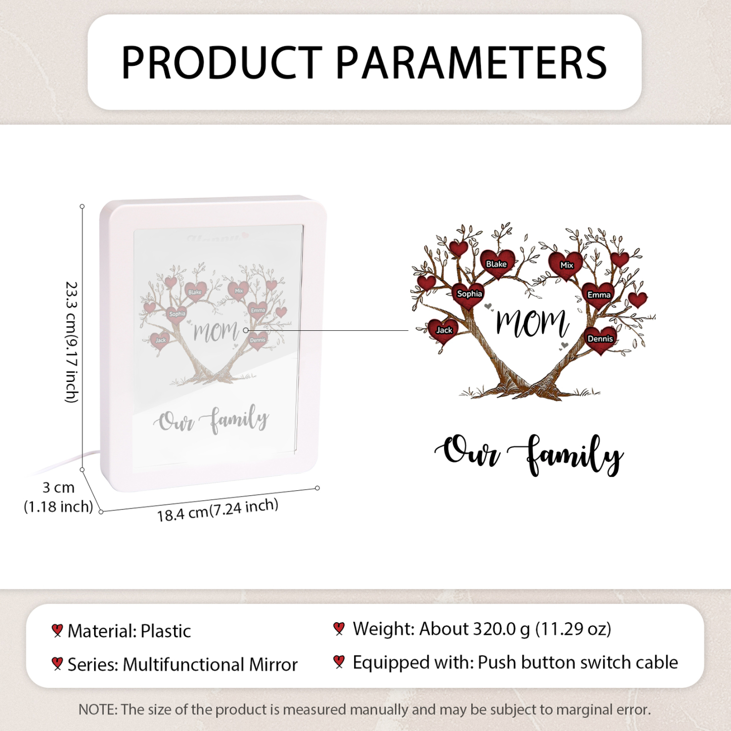 6 Names - Personalized Home Mirror Photo Frame Night Light Insert/Rechargeable Custom Text LED Night Light Gift for Mom