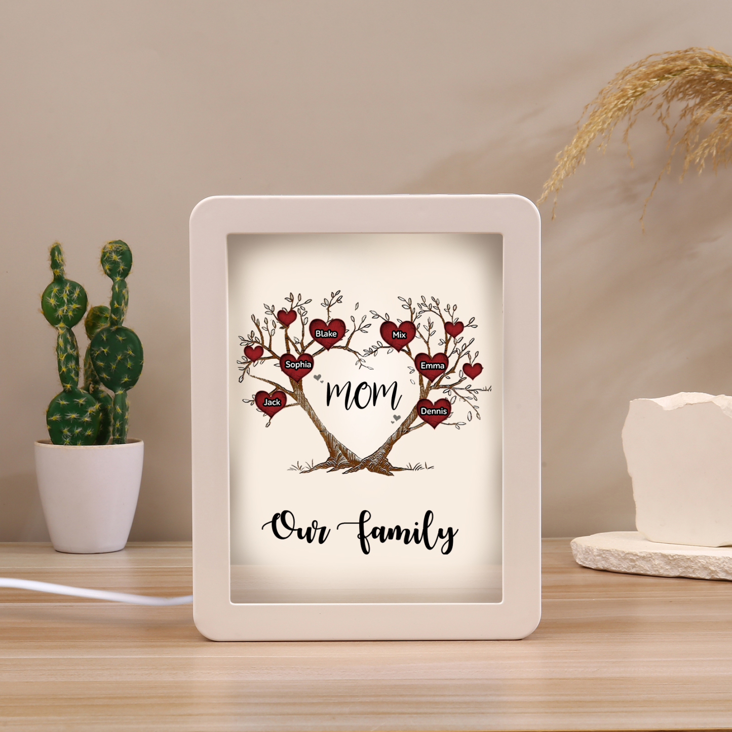 6 Names - Personalized Home Mirror Photo Frame Night Light Insert/Rechargeable Custom Text LED Night Light Gift for Mom