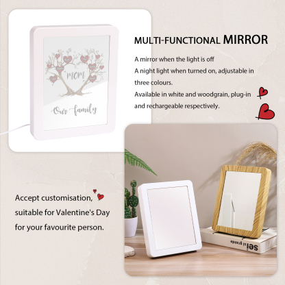 6 Names - Personalized Home Mirror Photo Frame Night Light Insert/Rechargeable Custom Text LED Night Light Gift for Mom