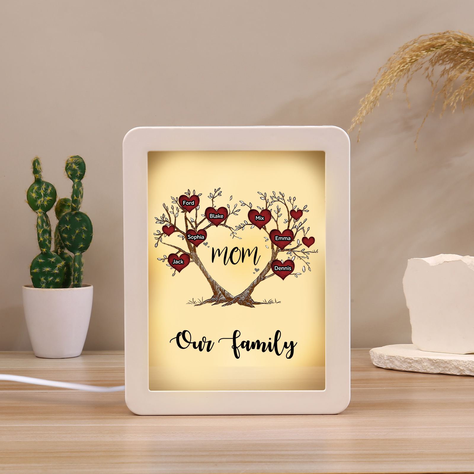 7 Names - Personalized Home Mirror Photo Frame Night Light Insert/Rechargeable Custom Text LED Night Light Gift for Mom