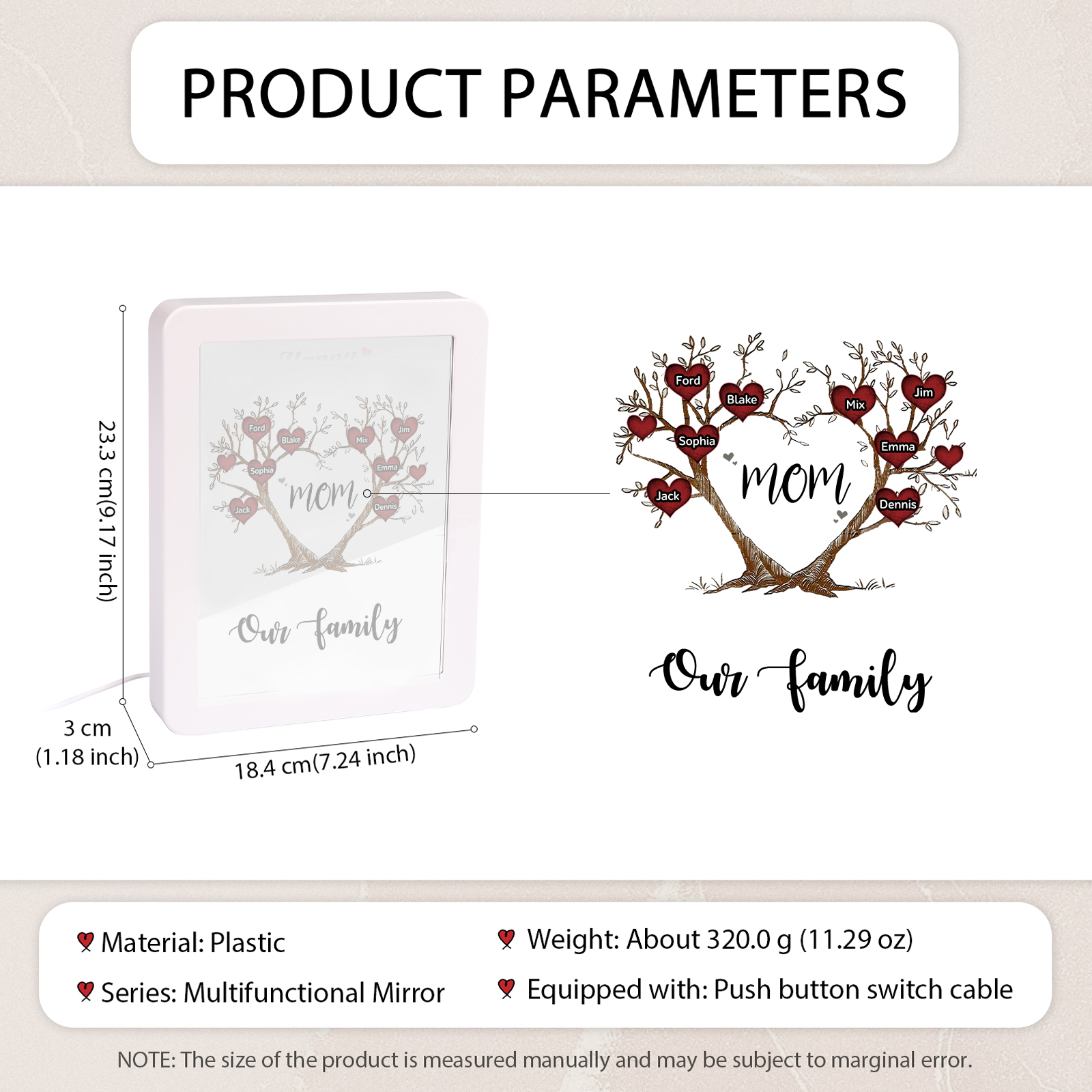 8 Names - Personalized Home Mirror Photo Frame Night Light Insert/Rechargeable Custom Text LED Night Light Gift for Mom