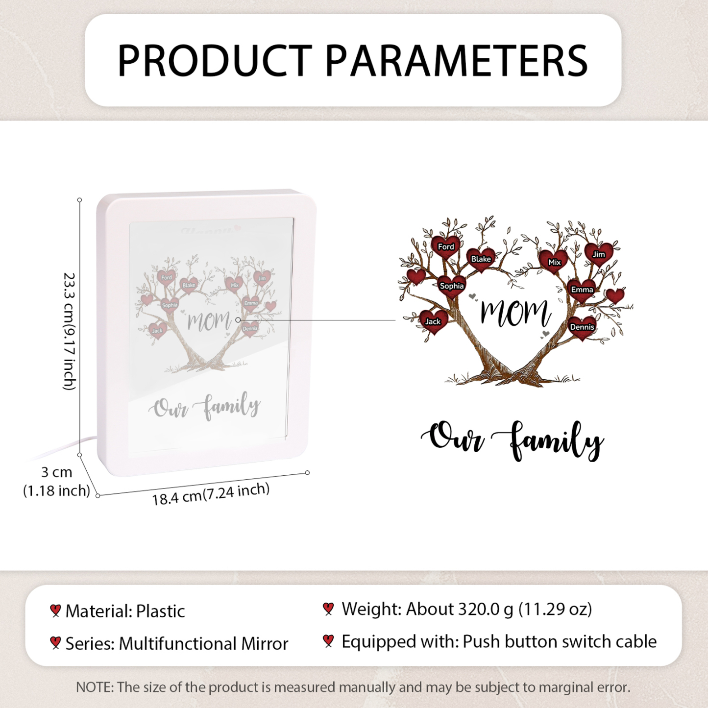 8 Names - Personalized Home Mirror Photo Frame Night Light Insert/Rechargeable Custom Text LED Night Light Gift for Mom