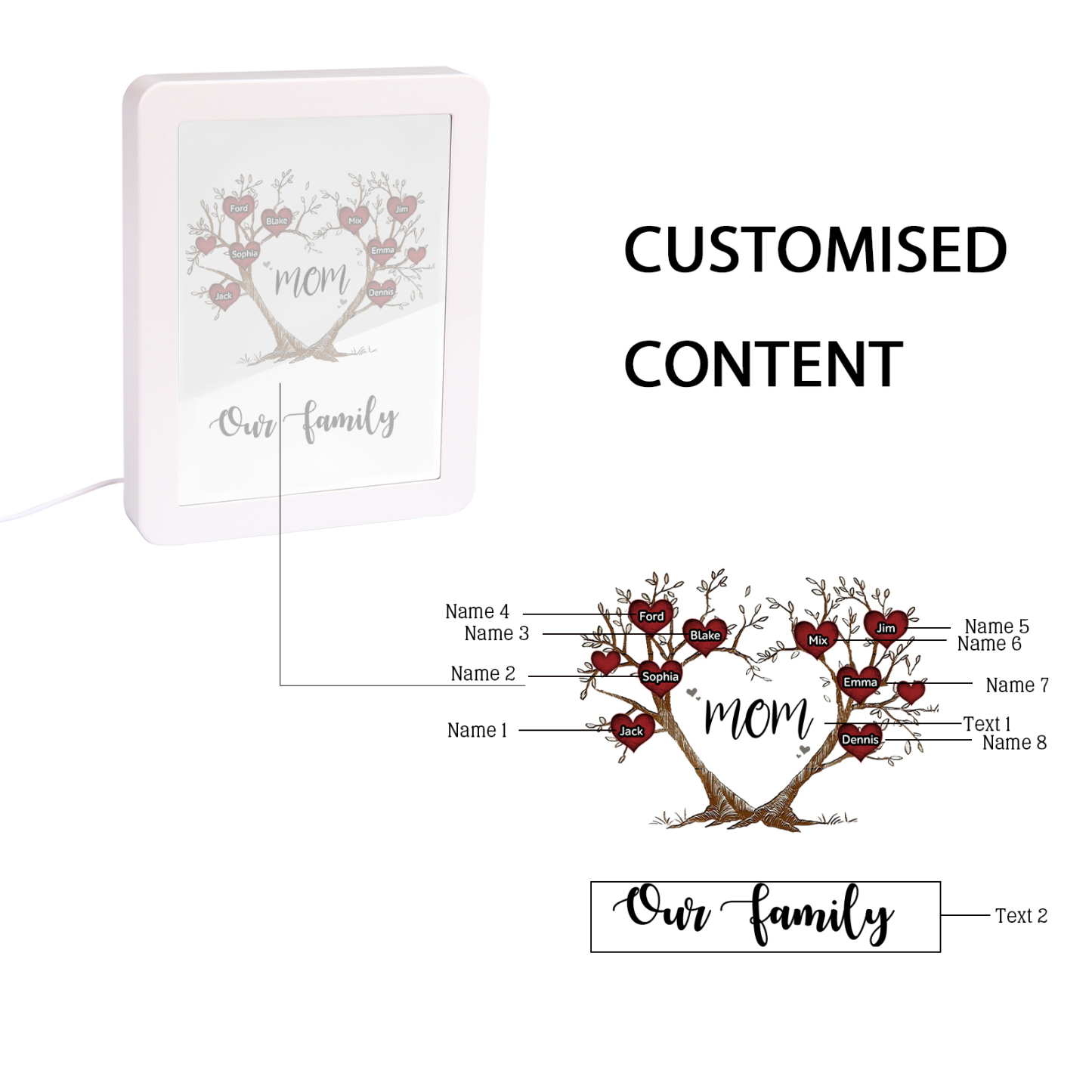 8 Names - Personalized Home Mirror Photo Frame Night Light Insert/Rechargeable Custom Text LED Night Light Gift for Mom