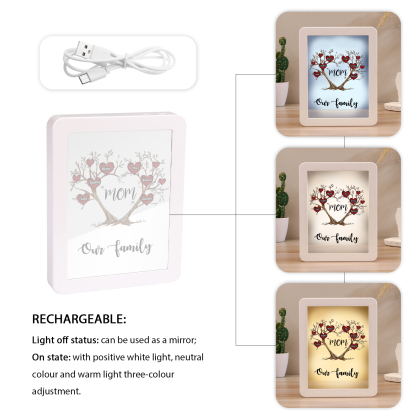 6 Names - Personalized Home Mirror Photo Frame Night Light Insert/Rechargeable Custom Text LED Night Light Gift for Mom