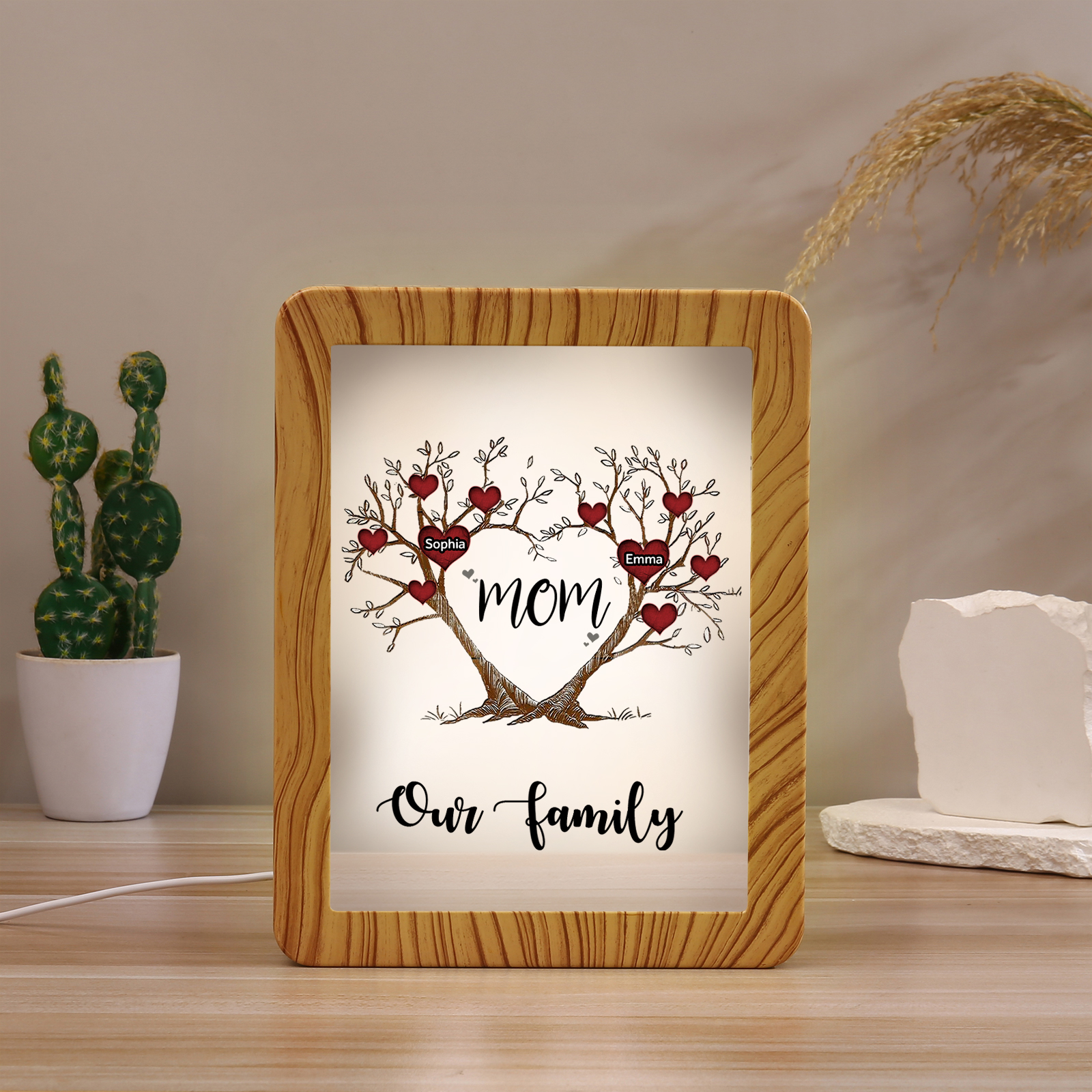 2 Names - Personalized Home Mirror Photo Frame Night Light Insert/Rechargeable Custom Text LED Night Light Gift for Mom