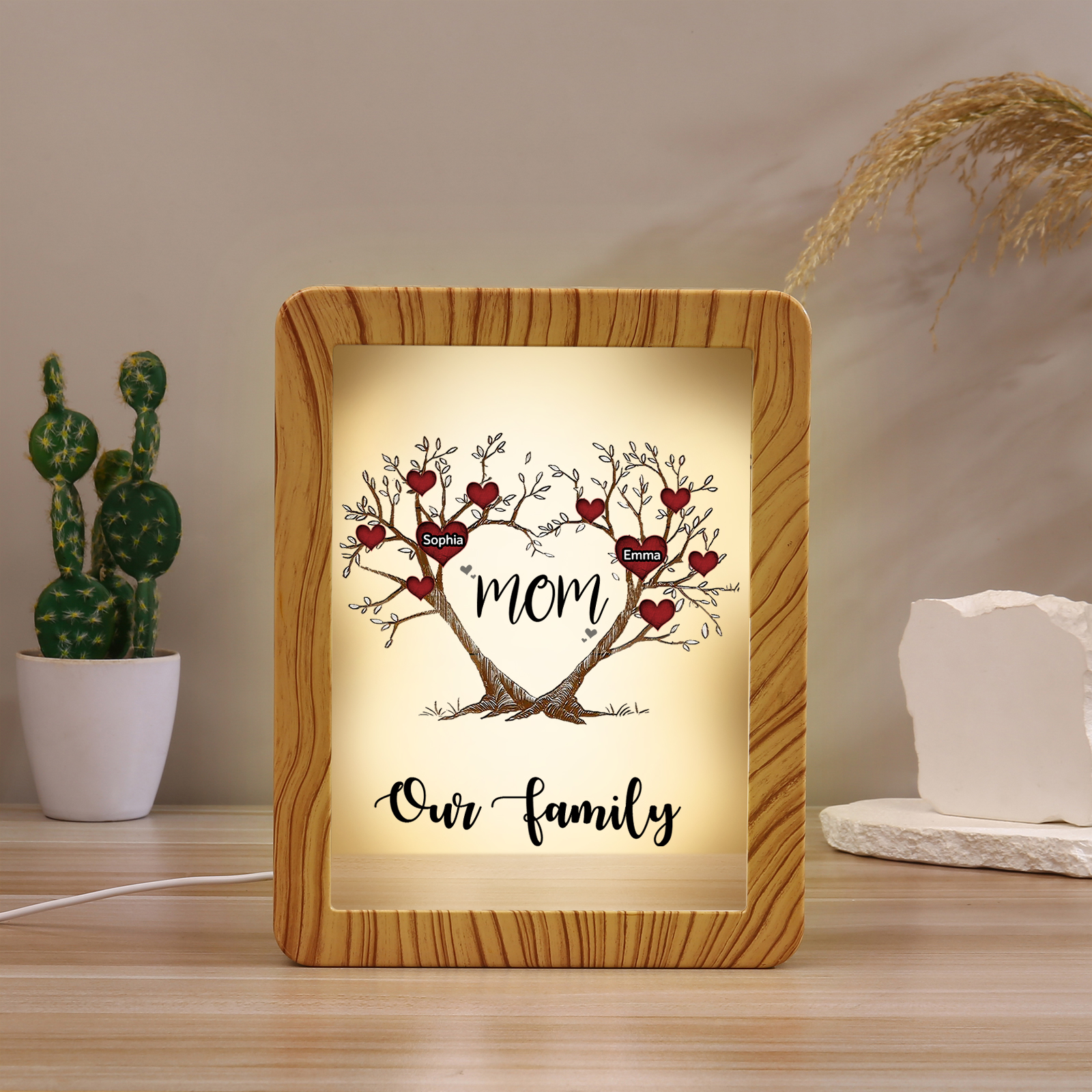 2 Names - Personalized Home Mirror Photo Frame Night Light Insert/Rechargeable Custom Text LED Night Light Gift for Mom