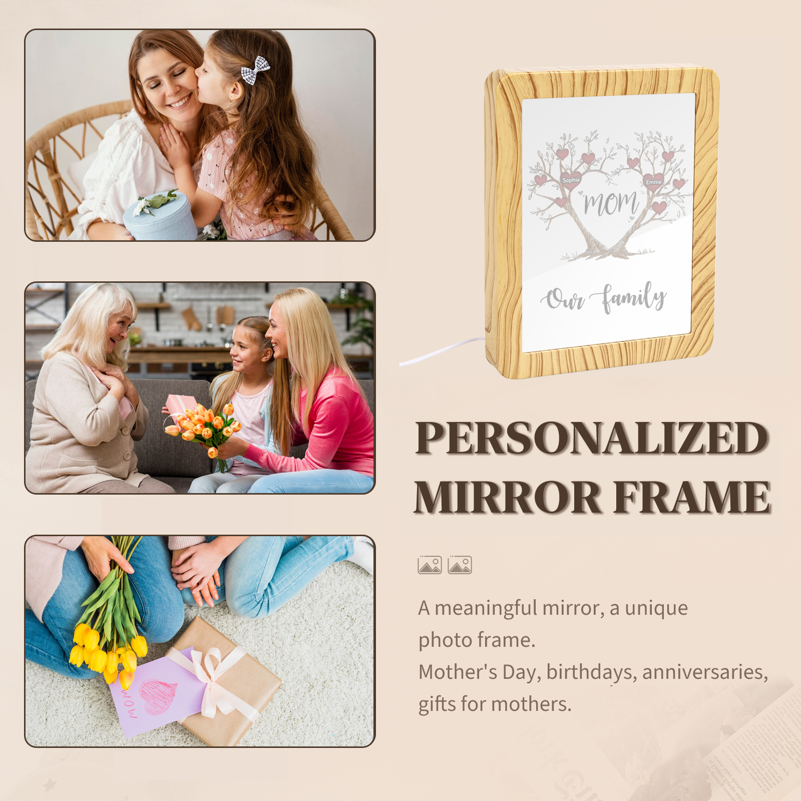 2 Names - Personalized Home Mirror Photo Frame Night Light Insert/Rechargeable Custom Text LED Night Light Gift for Mom